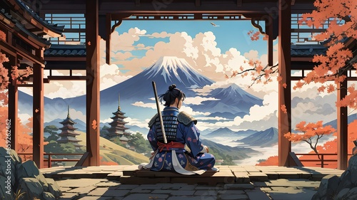 Young Japanese samurai meditating with mountain view. Vector art. Traditional Japanese style. Generative AI. photo