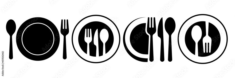 Set menu catering spoon, fork, knife and plate icon set in line. Tableware Vector illustration Set menu catering spoon, fork, knife and plate icon set in line. Tableware Vector illustration