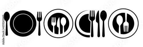 Set menu catering spoon, fork, knife and plate icon set in line. Tableware Vector illustration