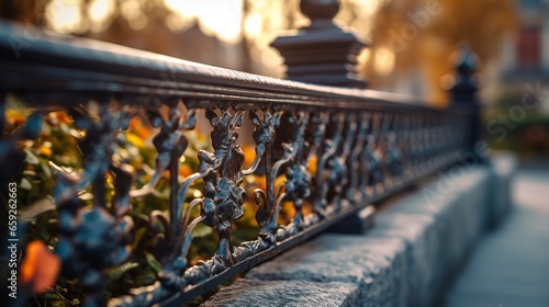 Outdoor barrier made of iron railing with sunshine photo