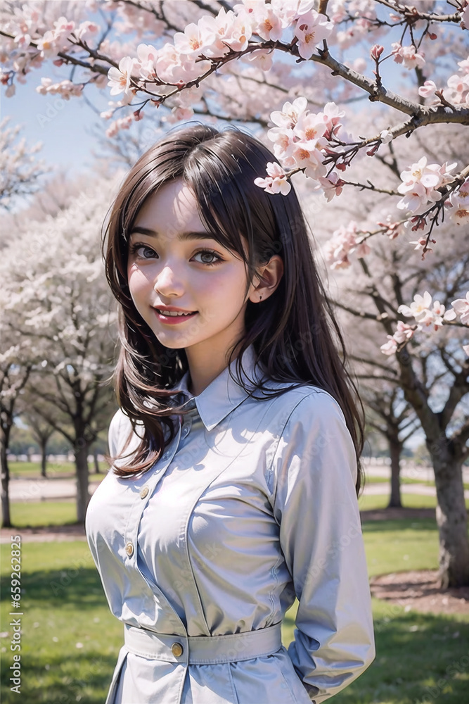 Japanese student and sakura trees in the background Japanese student and sakura trees in the background