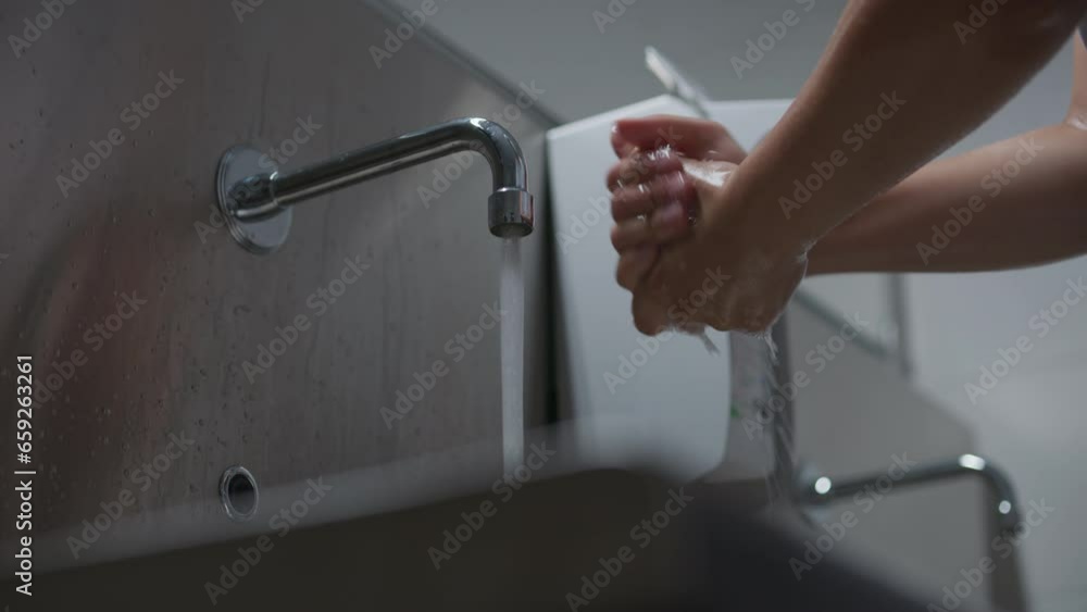 Surgeon or nurse in uniform cleans hands with soap before surgery