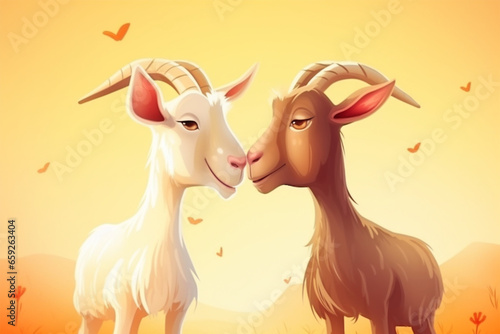 cartoon illustration  a pair of goats kissing