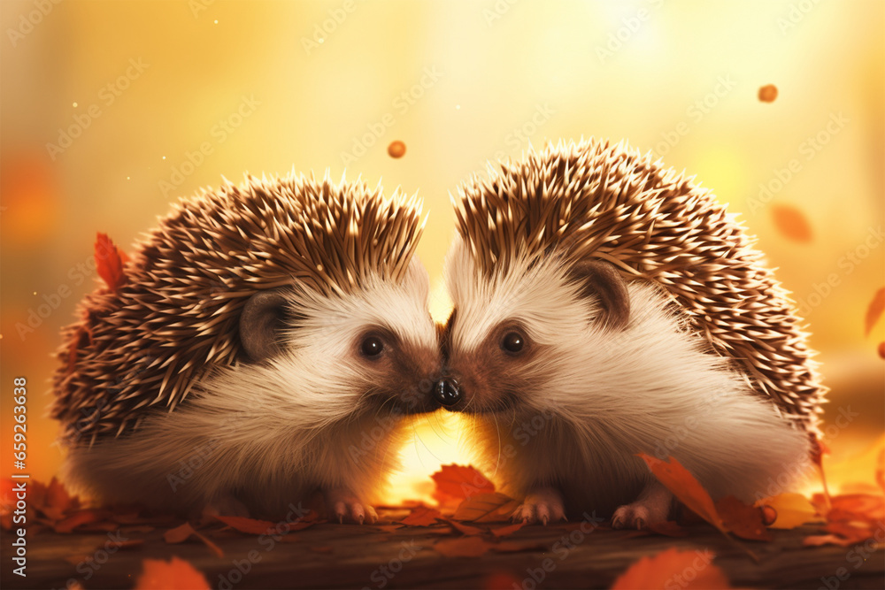 cartoon illustration, a pair of hedgehogs kissing - obrazy, fototapety, plakaty 