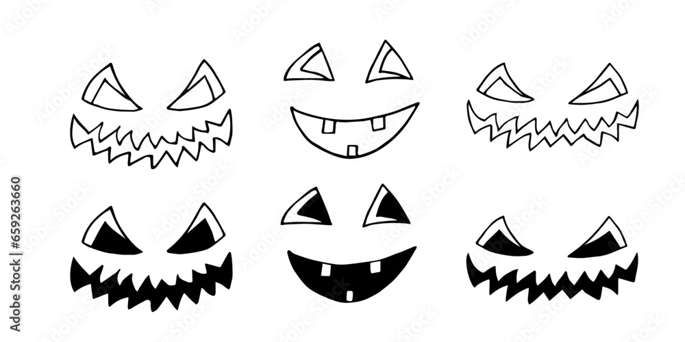 Set of hand drawn Halloween pumpkin faces. Vector illustration. For coloring, advertising, packaging, invitations, business cards, postcards, printing