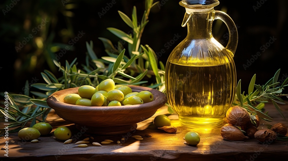 Olive oil with bottle and glass are on the wooden table Olive oil with bottle and glass are on the wooden table