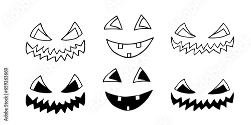 Set of hand drawn Halloween pumpkin faces. Vector illustration. For coloring  advertising  packaging  invitations  business cards  postcards  printing