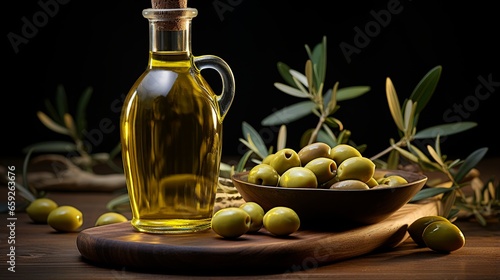 Olive oil with bottle and glass are on the wooden table
