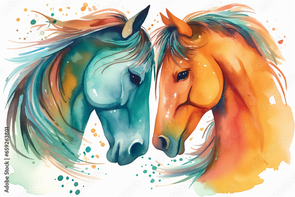 cartoon illustration, a pair of horses kissing