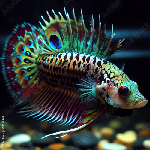 Enchanting Aquatic Symphony, A Majestic Fish Cloaked in the Elegance of Peacock Plumage photo