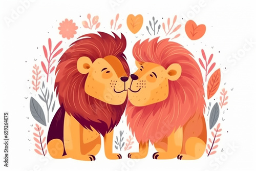 cartoon illustration, a pair of lions kissing