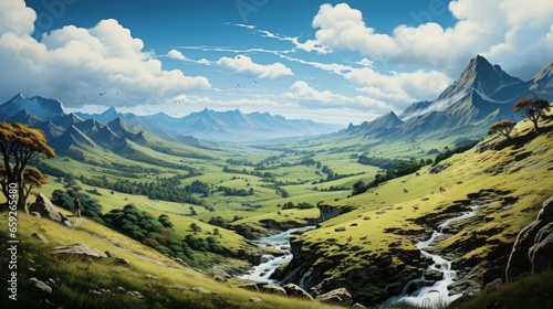 Majestic Outdoors: Captivating Alpine Peaks, Vast Valleys, and Picturesque Landscapes of Mountainous Views, generative AI
