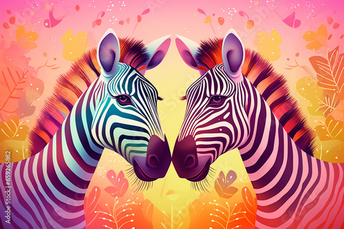 cartoon illustration  a pair of zebras kissing