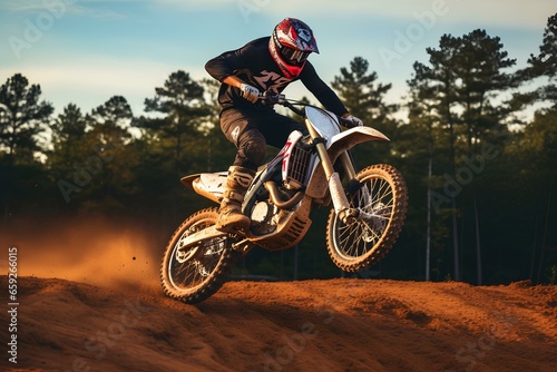 A rider performing an impressive jump on a motocross bike. a professional rider who rides a motorcycle and runs hard off-road. generative AI © yj