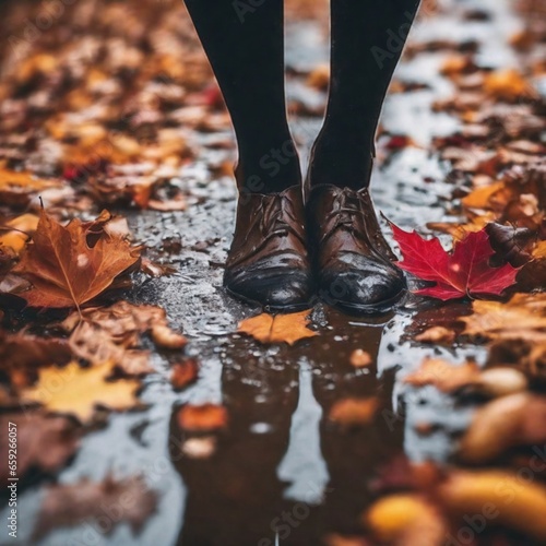 The girl's boots were borrowed in the rain, and the wet ground was full of maple leaves.