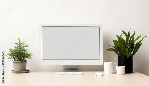 computer with empty screen on white, compute mockup, desktop with empty screen