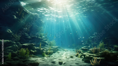 underwater view of a reef with fishes, underwater scene with rays and reef, underwater sea