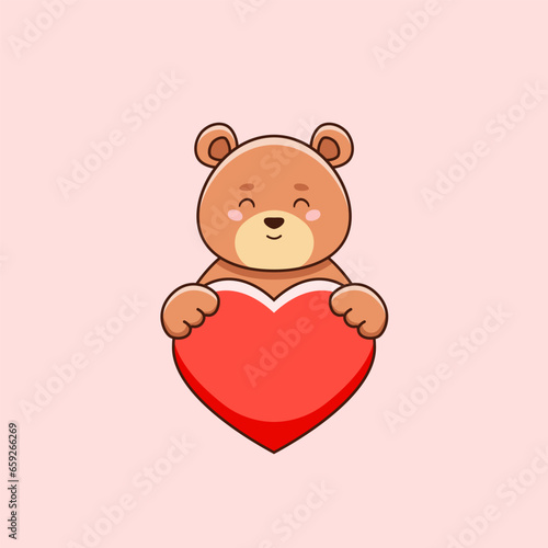 Cute brown bear holding heart love in cartoon style. Vector illustration