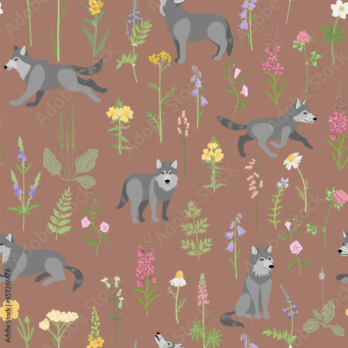 vector drawing seamless pattern with wolfs and flowers, hand drawn animals and forest plants , cartoon style background for children textile or wallpaper photo