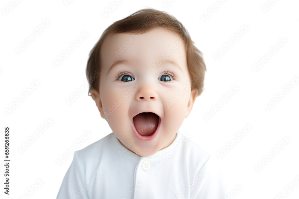 Portrait of a baby is Surprised and excited, opening eyes and mouth isolated PNG object Portrait of a baby is Surprised and excited, opening eyes and mouth isolated PNG object