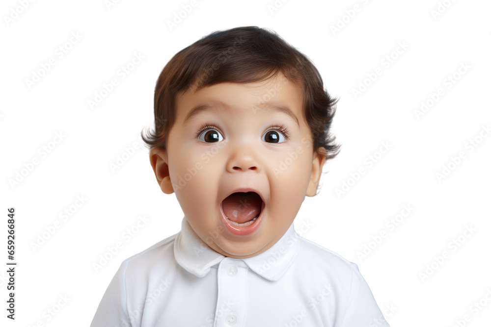 Portrait of a baby is Surprised and excited, opening eyes and mouth isolated PNG object Portrait of a baby is Surprised and excited, opening eyes and mouth isolated PNG object