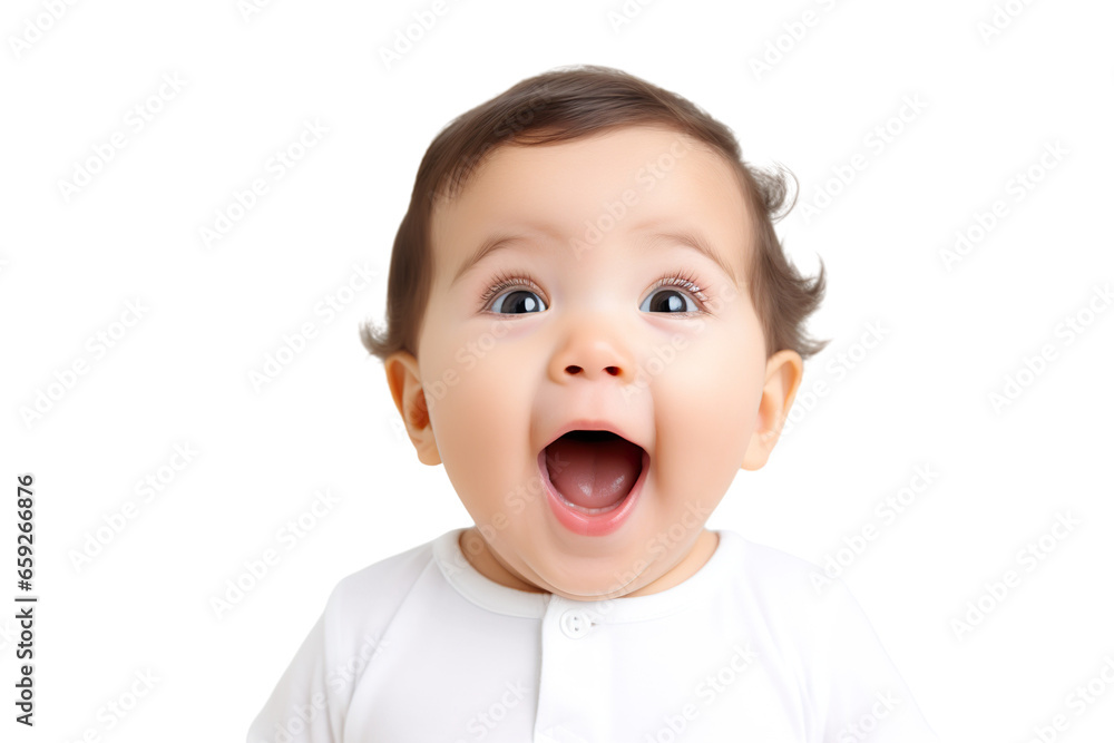 Portrait of a baby is Surprised and excited, opening eyes and mouth isolated PNG object Portrait of a baby is Surprised and excited, opening eyes and mouth isolated PNG object