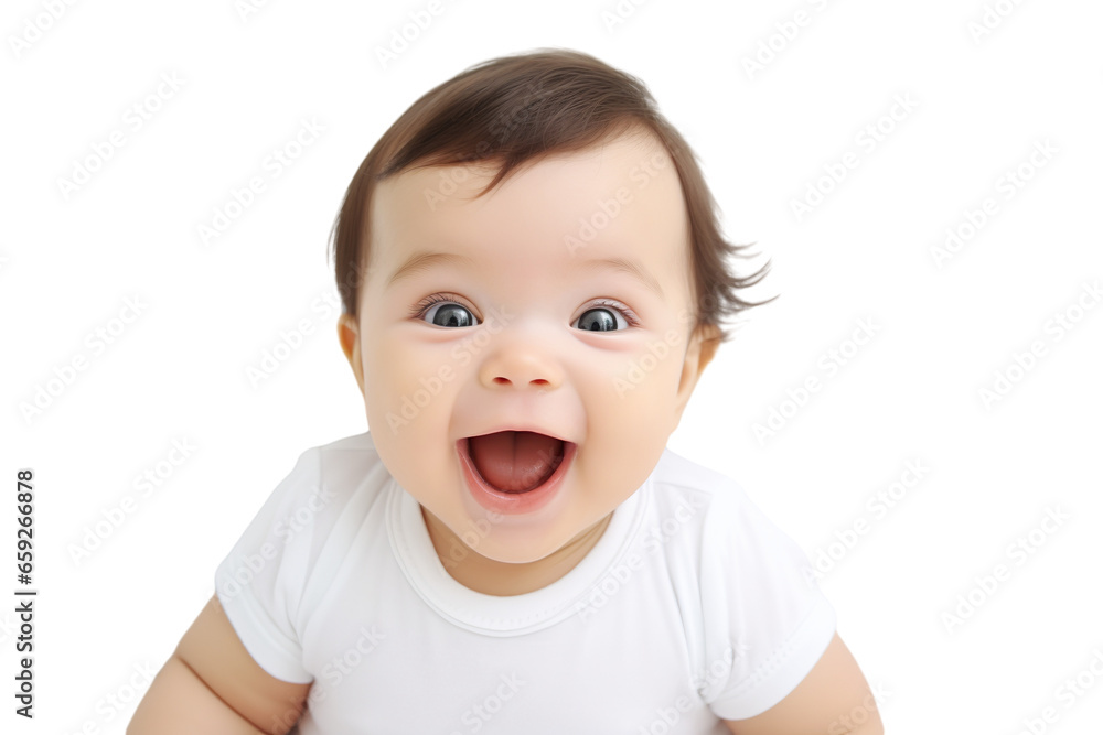 Portrait of a baby is Surprised and excited, opening eyes and mouth isolated PNG object