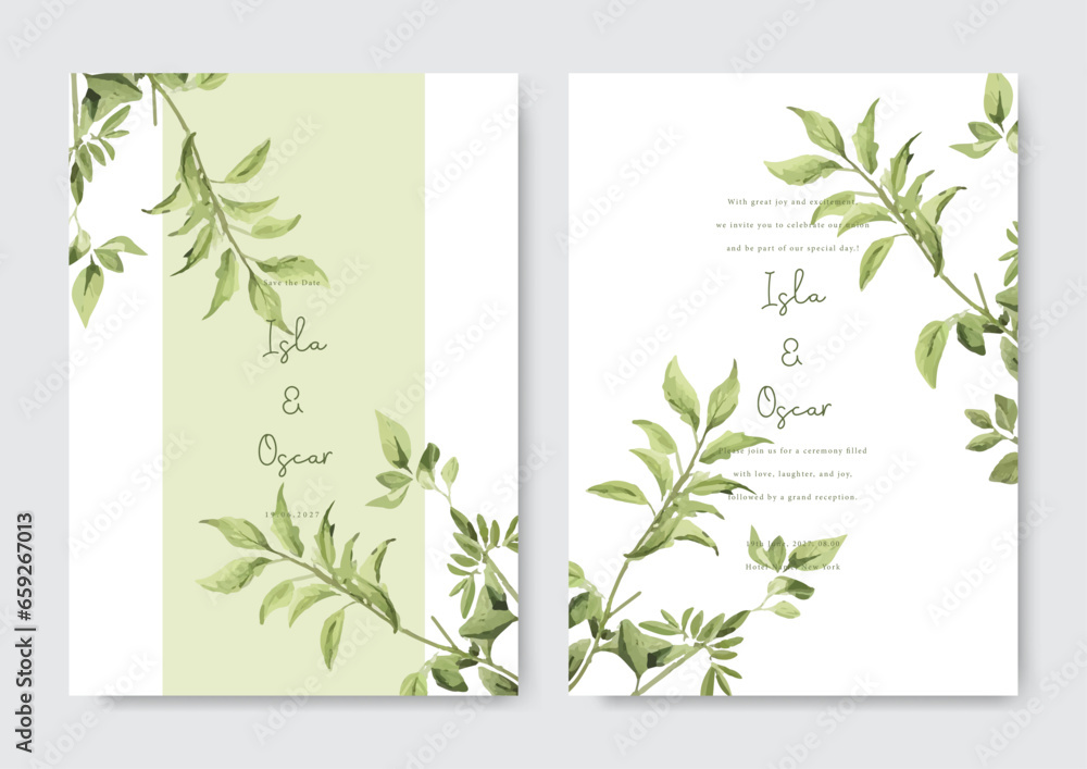 Wedding invitation card with green leaf. Hand painting wedding invitation background