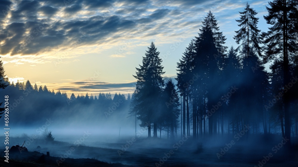 Morning fog at dawn through trees Morning fog at dawn through trees