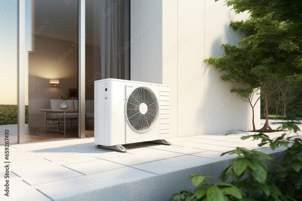 Air source heat pump installed in residential building photo-realistic compositions Air source heat pump installed in residential building photo-realistic compositions
