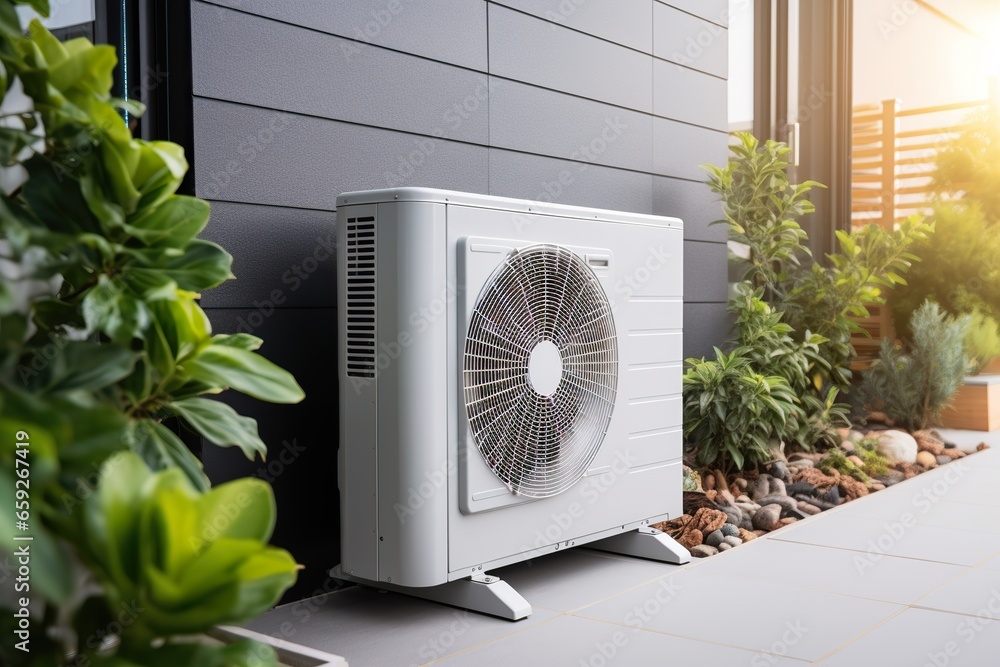 Air source heat pump installed in residential building photo-realistic compositions - obrazy, fototapety, plakaty 