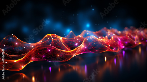 Abstract wavy light with orange futuristic, blue neon, technology background, digital hi tech. 3D illustration.
