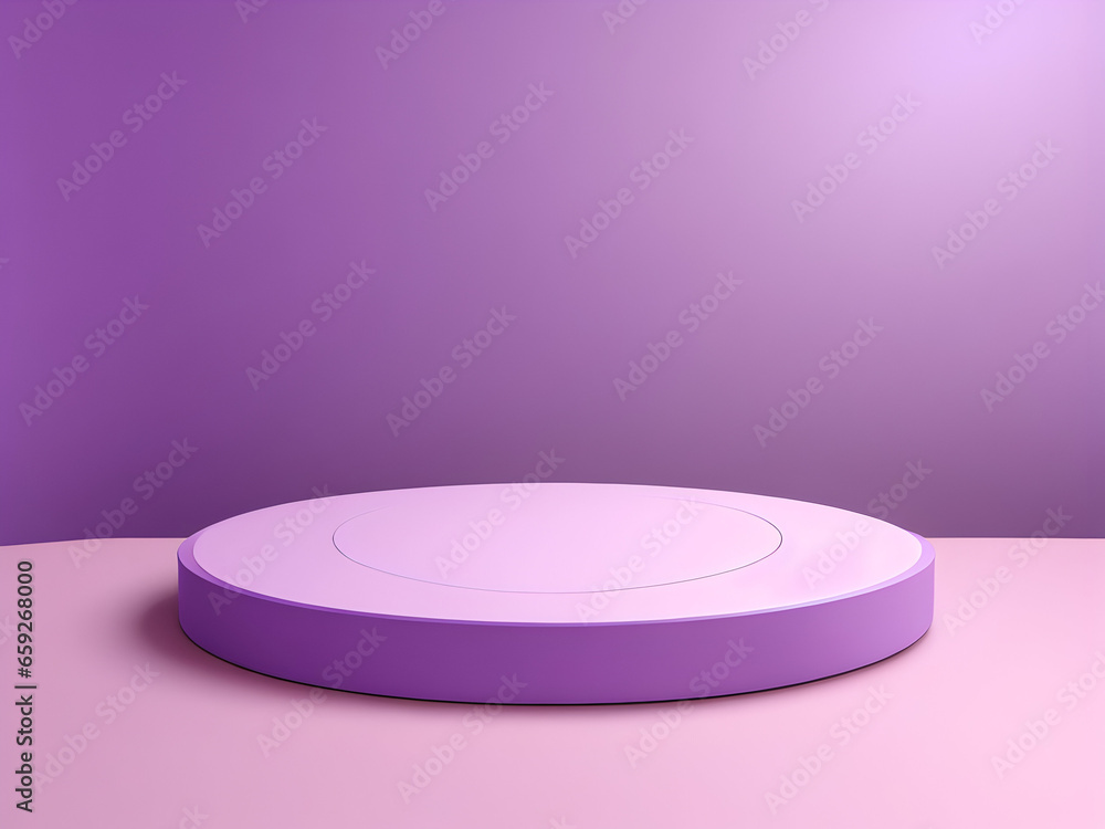 Round purple podium on pink table with purple wall background and spotlight for product display. AI Round purple podium on pink table with purple wall background and spotlight for product display. AI