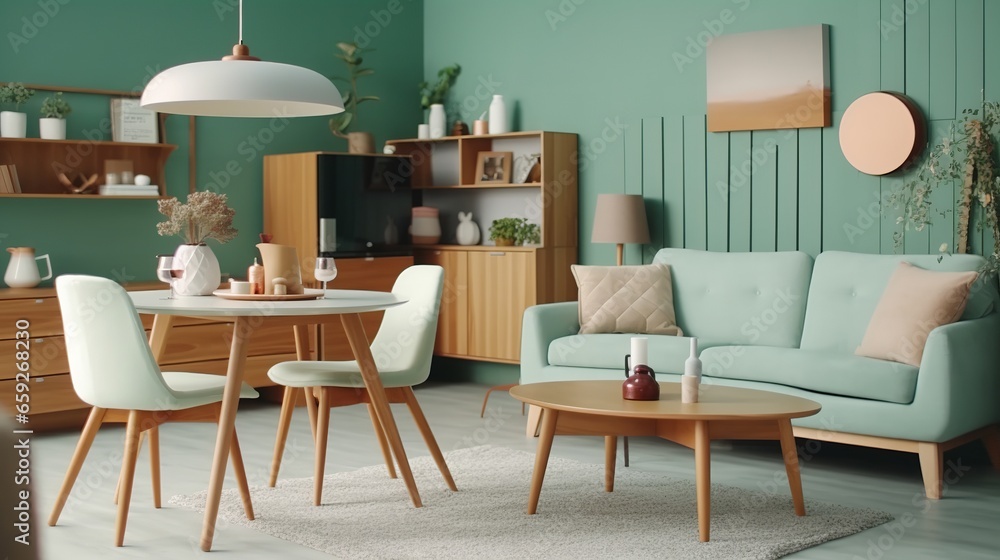 Mint color chairs at round wooden dining table in room with sofa and cabinet near green wall Mint color chairs at round wooden dining table in room with sofa and cabinet near green wall