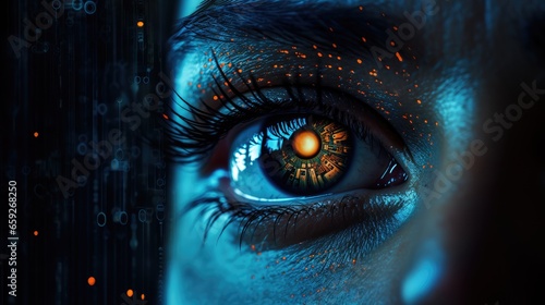 Ai, Artificial Intelligence's eye: A close-up view of humanoid robot's eye looking straight at a camera