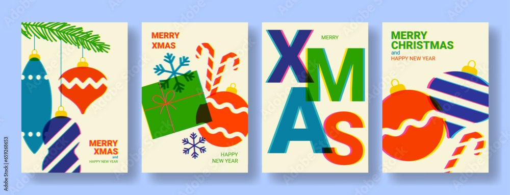 Set of Happy New Year retro posters. Vector illustration with templates of modern minimalist New Year flyers in risograph style. Set of greeting cards, posters and covers for branding of Christmas.