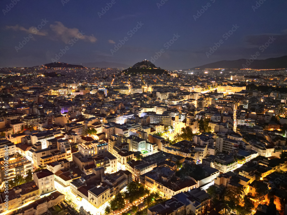 Aerial view of Lycabettus Hill in Athens, Greece at night