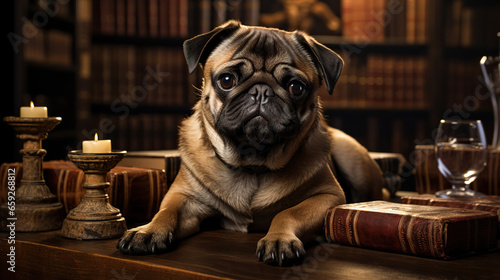 Pug in a Library: A Canine's Intellectual Pursuit,dog with a book © nientsu