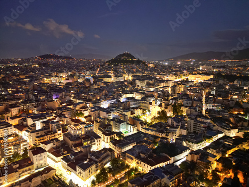 Aerial view of Lycabettus Hill in Athens, Greece at night © Juana