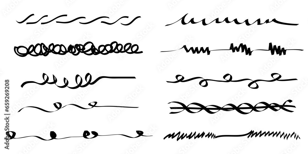 Set of hand drawn divider lines. Doodle design element with underline, swashes, swoops, swirl. vector illustration