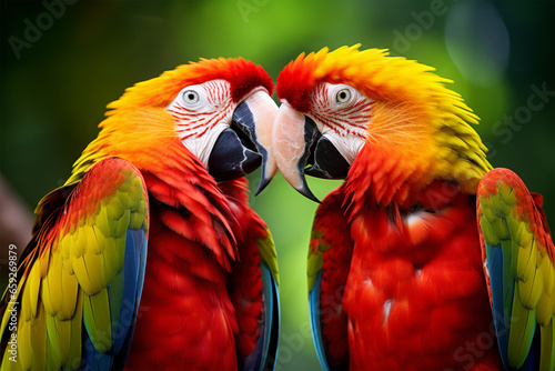 a pair of parrots kissing