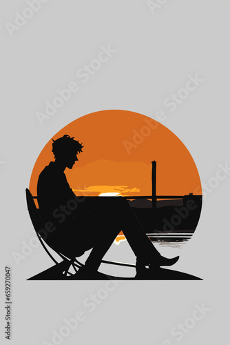 Silhoute of a Man sitting on the bench at evening photo