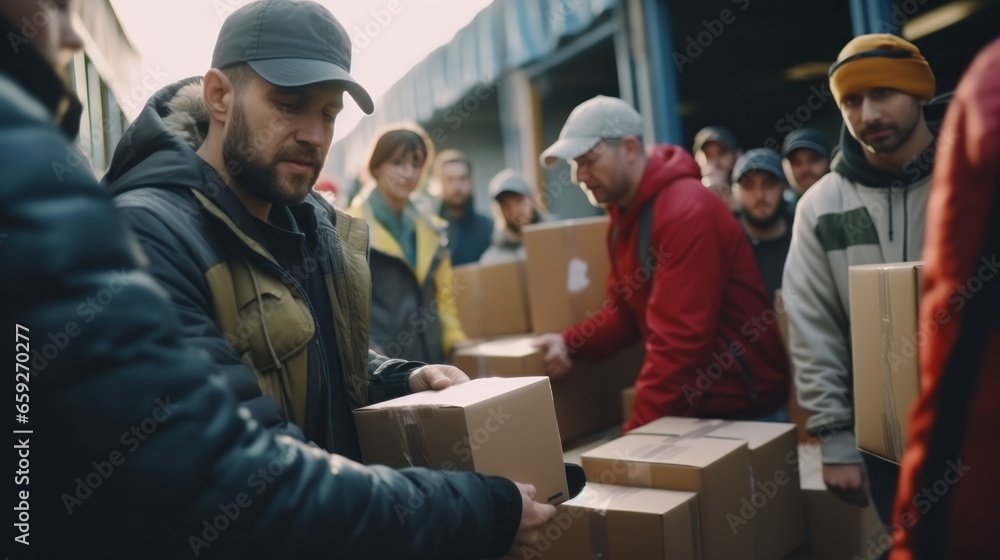 Team of volunteers working in charity donation center to the victims, humanitarian concept. Team of volunteers working in charity donation center to the victims, humanitarian concept.