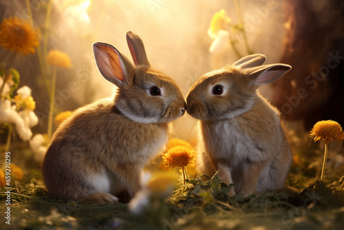 a pair of rabbits are kissing
