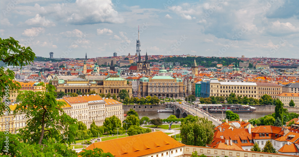 Panoramic bird view over beautiful old town in Prague, Czech Republic, with blue sky and sunny day