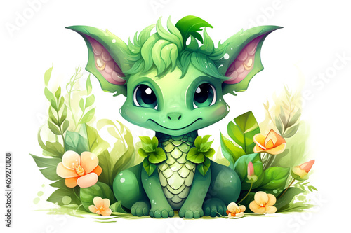 Little cartoon fairy emerald dragon in flowers  isolated on white background
