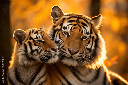 a pair of tigers are kissing