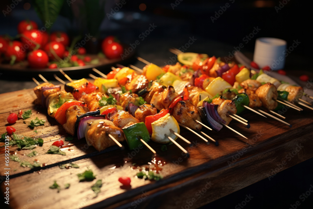 Savory skewer assortment grilled meat, vegetables, and kabobs on wooden plate. Summer BBQ with charred goodness. Foodie delight is AI generative.