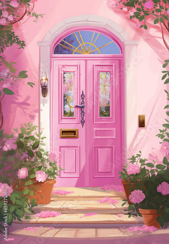 Enchanted Entry: A Pink Door Amidst a Floral Wonderland,pink door with flowers,door in the garden