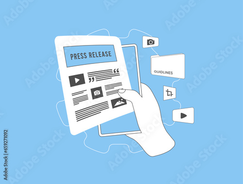 Online press release concept. Digital media advertising, internet news press release and tabloid headlines. Vector isolated illustration on blue background with icons